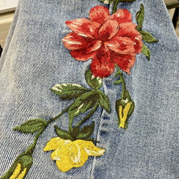 PacSun blue jean denim mini skirt colorful floral embroidery cut-off style sz 24 - Picture 6 of 7